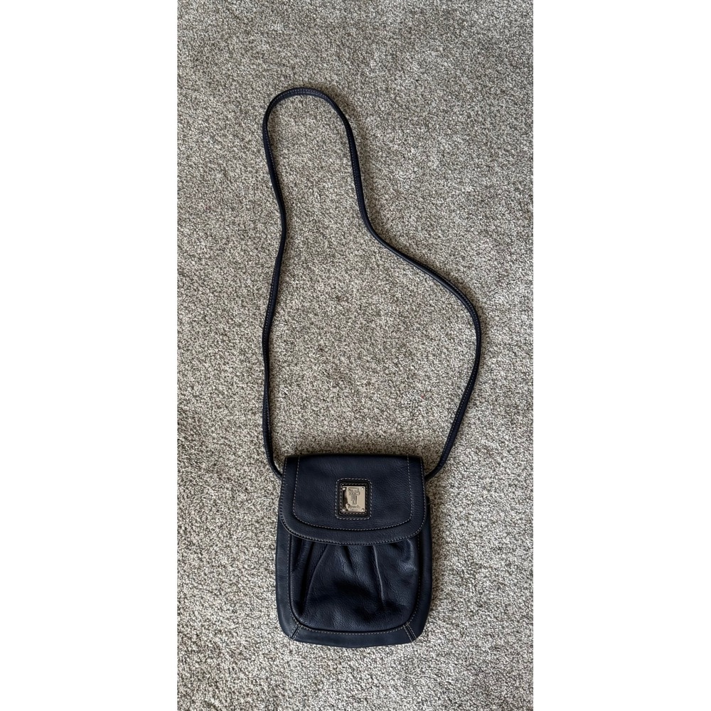 Tignanello Navy Blue Pebbled Leather Crossbody Bag Flap Organizer Purse
